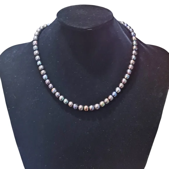 Vintage 10k Fish Hook Clasp 8mm Fresh Water Black Pearl Necklace 18" - Picture 1 of 12